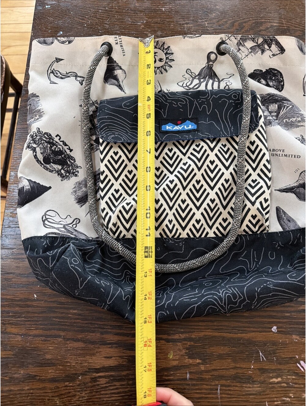 Kavu Rope Market Bag Black & Beige Mixed Print Nautical Ships Octopus Sun - Picture 9 of 11